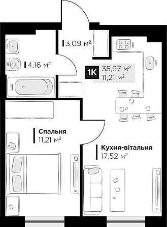 Продаж 1 кім. квартири Perfect Life Винники 35.98 кв.м Винники