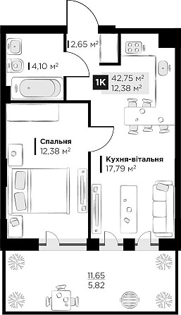 Продаж 1 кім. квартири Perfect Life Винники 42.75 м2 Винники - изображение 2