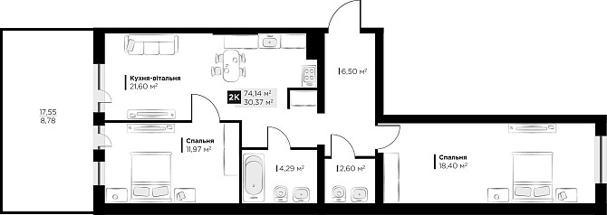 Продаж 2 кім. квартири Perfect Life Винники 74.14 кв.м Винники - зображення 1