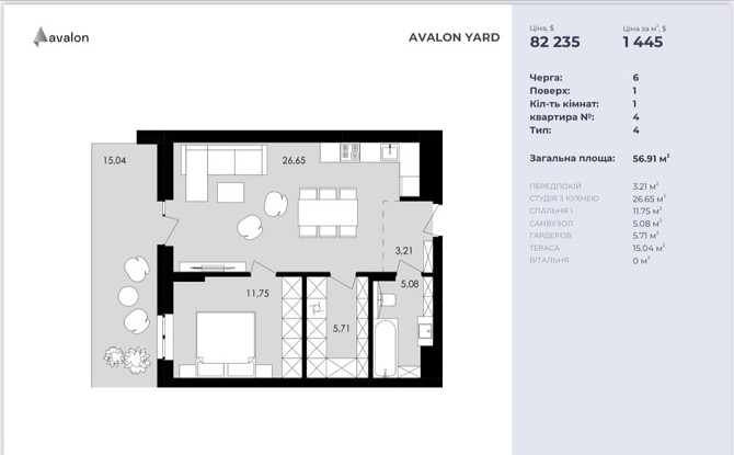 Однокімнатна квартира з власним патіо в Avalon Yard Львов - изображение 1
