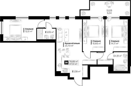 Продаж 3 кім. квартири Perfect Life Винники 76.87 кв.м Винники