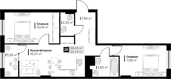 Продаж 2 кім квартири Perfect Life Винники 58.46 кв.м Винники - изображение 2