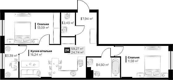 Продаж 2 кім квартири Perfect Life Винники 59.27 кв.м Винники