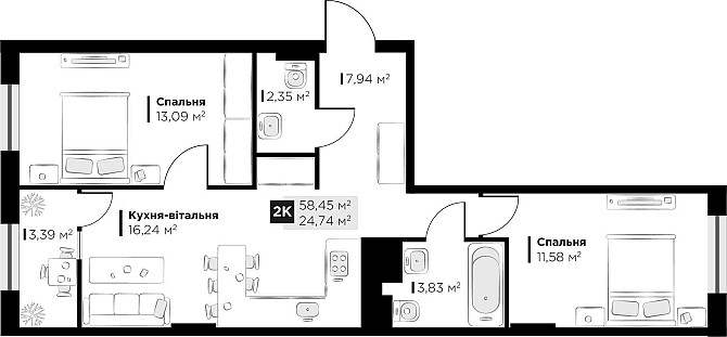 Продаж 2 кім квартири Perfect Life Винники 58.45 кв.м Винники - изображение 2