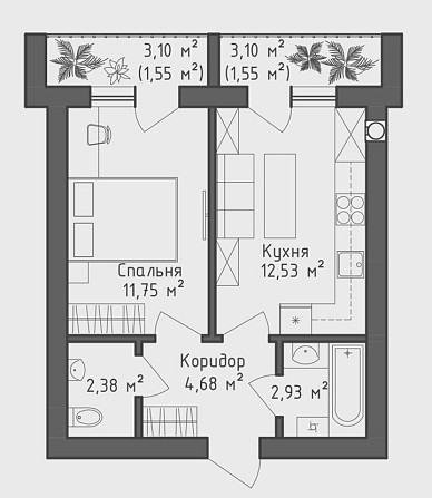 Розтрочка. 1кім квартира, 2 санвузла, 2 лоджії. Гостомель - изображение 4