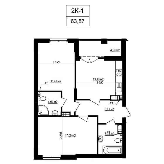 2К-квартира (63.87 м2). ЖК "Щасливий Grand". Власний ТЦ Sofiivska Borshchahivka