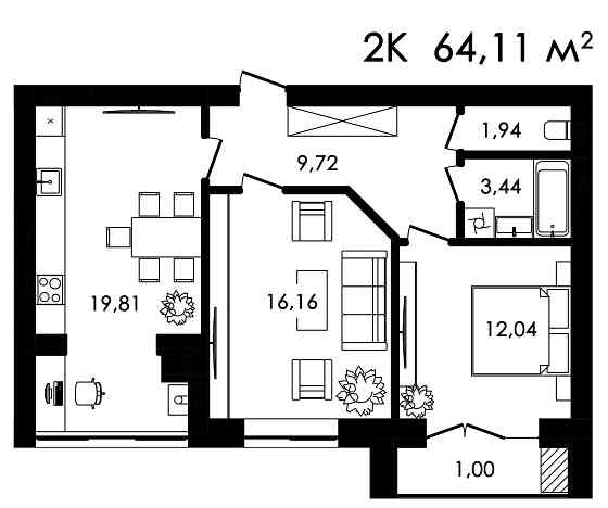 Нова 2-кімнатна квартира 64,11 м2 на виплату до 10 років Нова Будова 2 Kam`ianets-Podilskyi