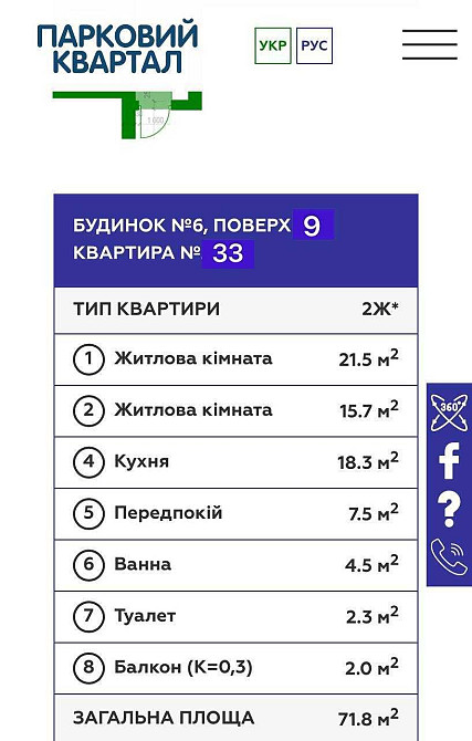 Продаж ЖК Парковий Квартал євро 3 кімнатна 71.8м2 Обухів - зображення 3