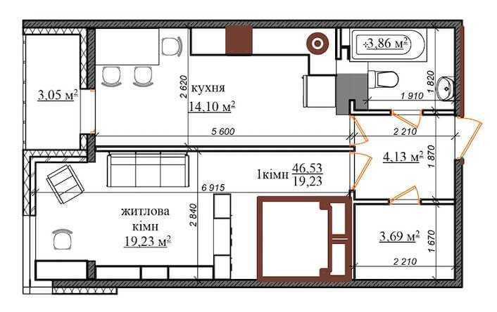 1K квартира 46кв.м (євродвушка), Клавдіївська, 40, ЖК "Грюнвальд" Киев - изображение 1