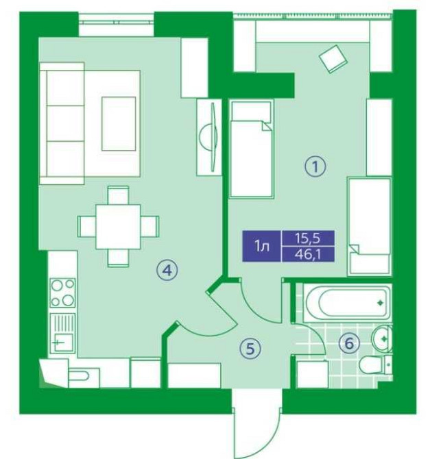 Продам велику 1-но кімнатну квартиру  46,1 м2 . В Парковій зоні. Обухов - изображение 1