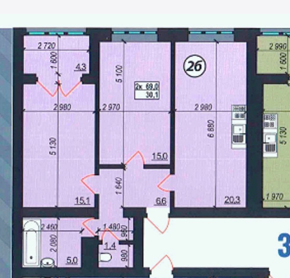 2-кімнатна в ЖК «на Щасливому» 68,8 м2. Зручний 7-й поверх. Ровно - изображение 5