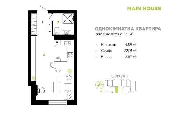 1-кімнатна квартира-студія у зданому ЖК Main House (Мейн Хаус) Ивано-Франковск