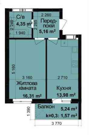 Гарне планування! 1-к квартира 42м2 ЖК Кришталеві Джерела Киев