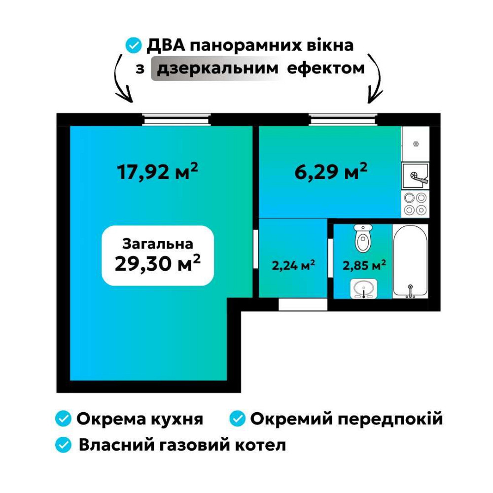 НИЗЬКА ЦІНА! 1-кімнатна квартира 29 м2 • від забудовника • ГАЗ • без% Софиевская Борщаговка - изображение 3