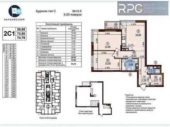 Продається 2к квартира 75.5 м2 ЖК Варшавський 2 Буд. 15.2 Виноградар Київ