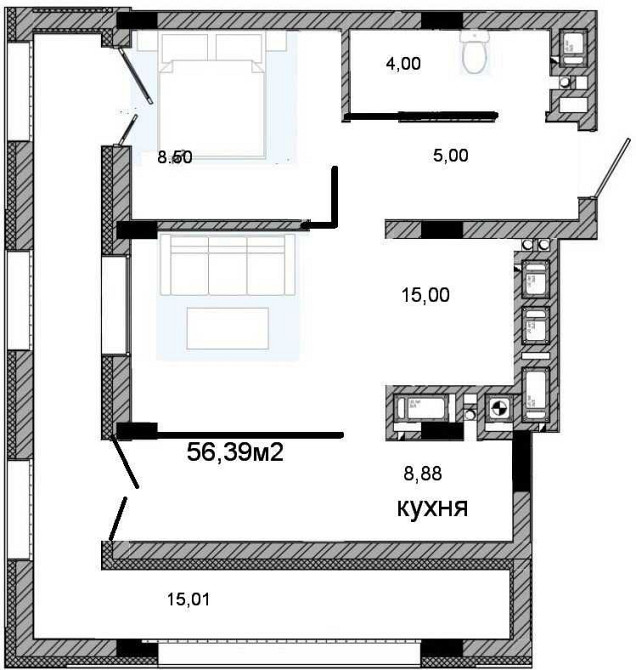 ВЛАСНИК Новобудова бічна вул Стрийської 56,4м 620дол/м2 Тераса 15м2 Сокольники - изображение 7