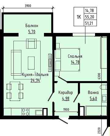 Однокімнатна квартира, центр міста, 42 м.кв Підлужжя