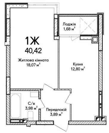 1-кімнатна квартира 40.42 м² —  7 поверх З лоджією Новий будинок Київ