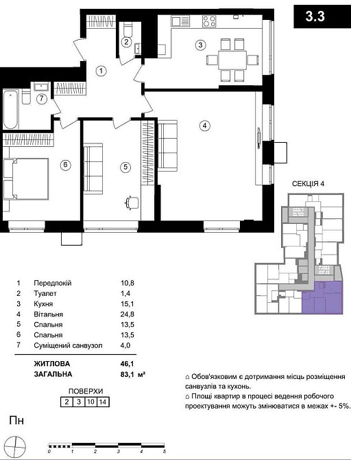 Квартира з краєвидом в ЖК “One House”, 3-кімнатна, 87,7  кв.м. Вишневое - изображение 5