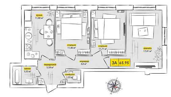 3к квартира 65,95м2. Доступна «єОселя» або зі знижкою 201 148 грн Київ