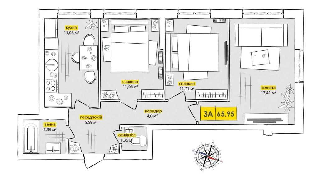 3к квартира 65,95м2. Доступна «єОселя» або зі знижкою 201 148 грн Київ - зображення 6