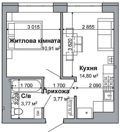 В продажі 1-кімнатна квартира 33м2 Гатное
