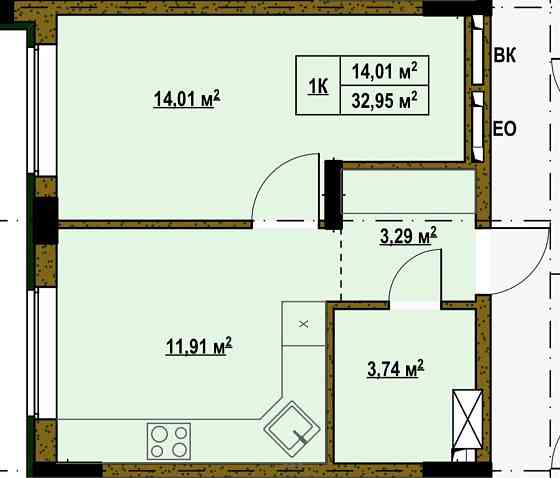1-кімнатна квартира 32,95 м², 3 поверх, новобудова Киев