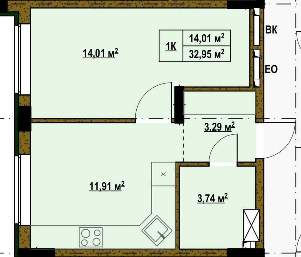 1-кімнатна квартира 32,95 м², 3 поверх, новобудова Киев - изображение 1