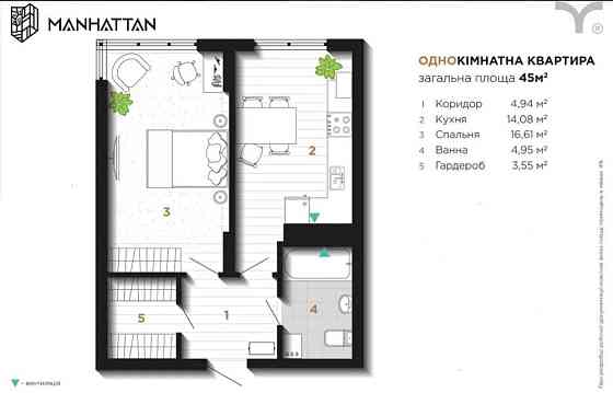 Продаж від власника 1-кімнатна квартира Манхеттен Ивано-Франковск