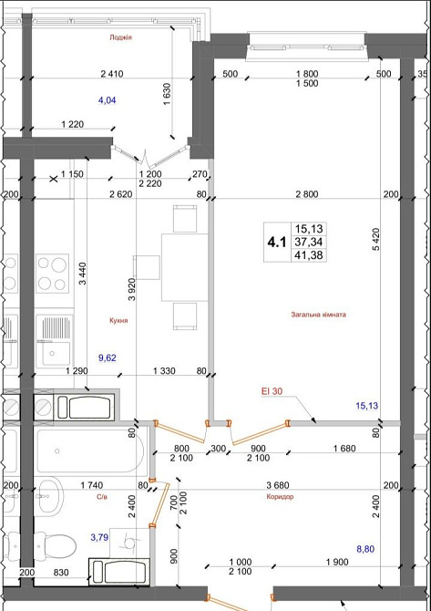 1 кімн квартира ЖК Атлант Коцюбинське 41.38 м2 готова Коцюбинське - зображення 1
