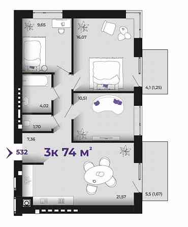 Простора 3к квартира з кухнею-студіо Ивано-Франковск