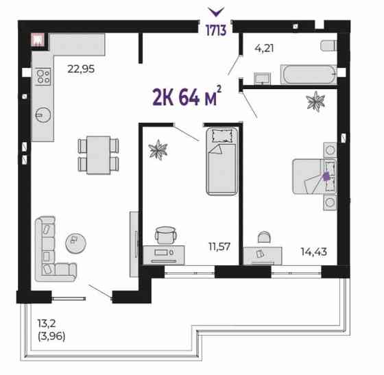 2к квартира з кухнею-студіо та власним ПАТІО Крихівці