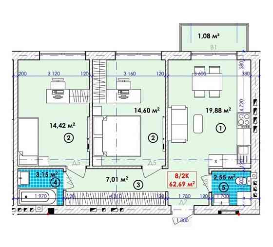 АКЦІЯ! 2 кім квартира, 62,69 м2, ВІДДІЛ ПРОДАЖУ, БОГОРОДЧАНИ Богородчаны