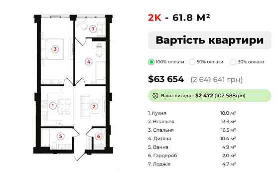 ЗНИЖКА -138000 грн на 2кімнатну збудовану 61,8 кв.м, ЦЕНТР, Ярковиця Івано-Франківськ