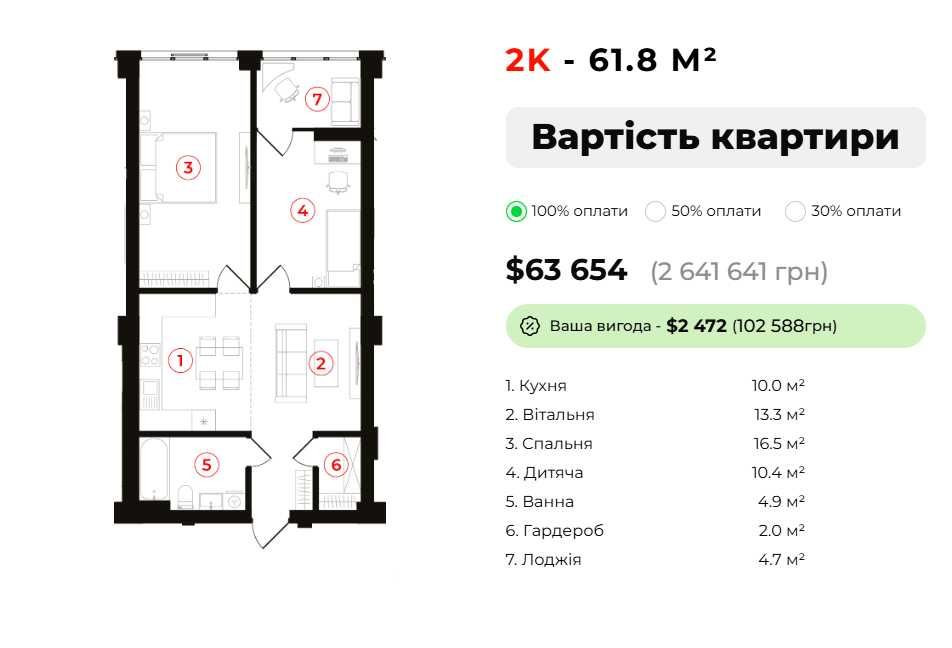 ЗНИЖКА -138000 грн на 2кімнатну збудовану 61,8 кв.м, ЦЕНТР, Ярковиця Івано-Франківськ - зображення 2