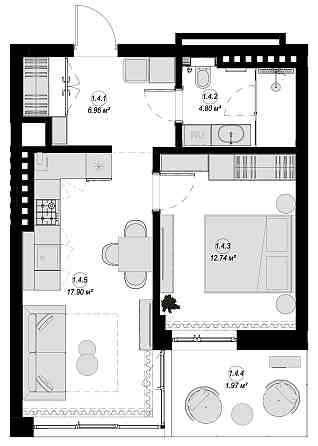 Однокімнатна квартира Винники 45 мкв 2 поверх секція 1 Винники